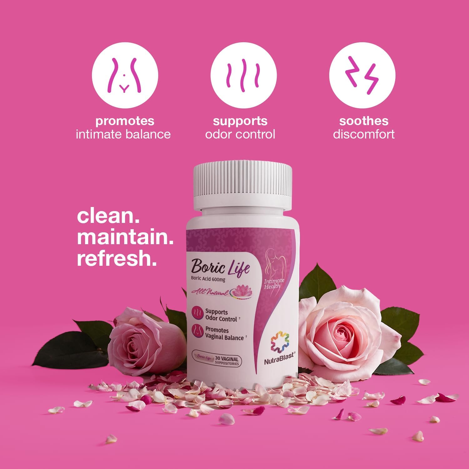 NutraBlast Boric Acid Vaginal Suppositories 600mg, 30 count