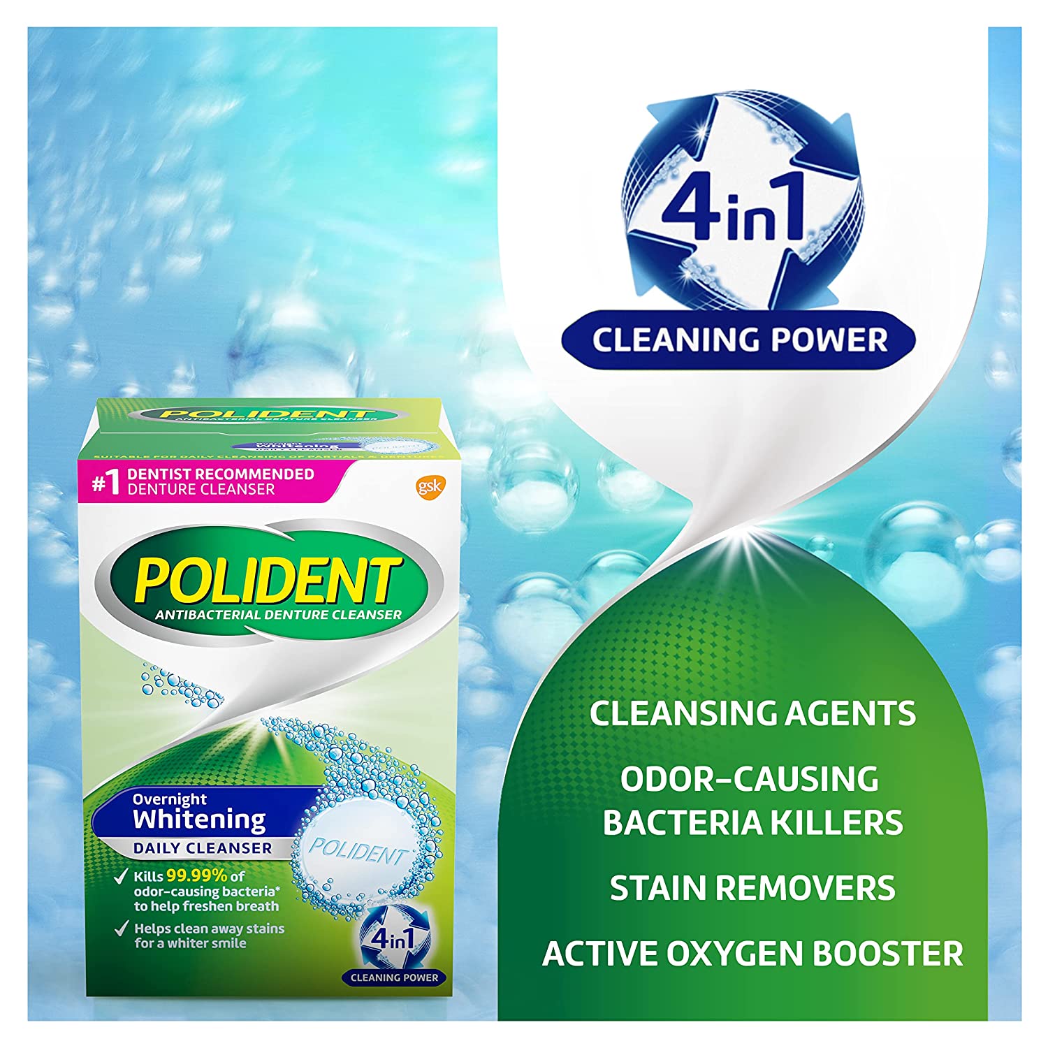 Polident Antibacterial Denture Cleanser, Overnight Whitening Daily Cleanser, 120 tablets