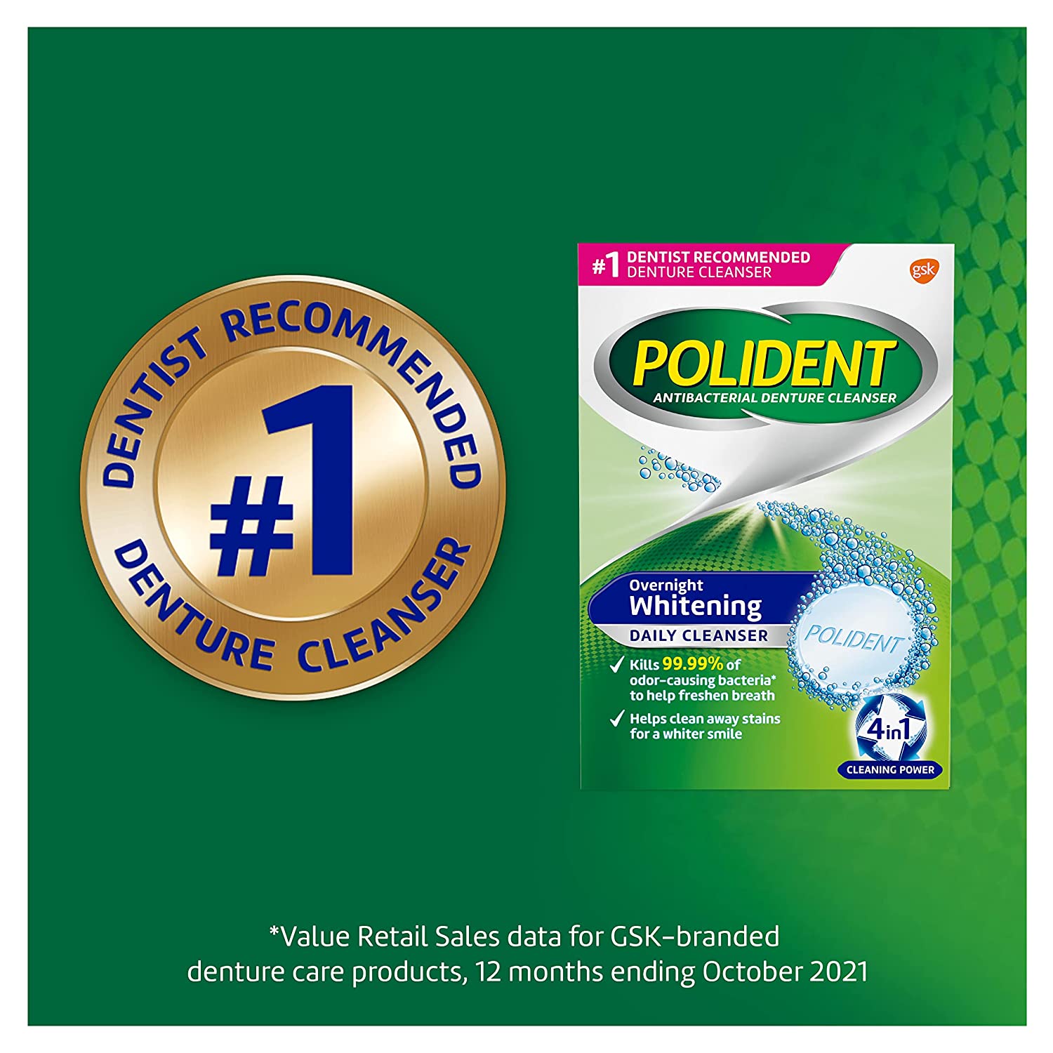 Polident Antibacterial Denture Cleanser, Overnight Whitening Daily Cleanser, 120 tablets