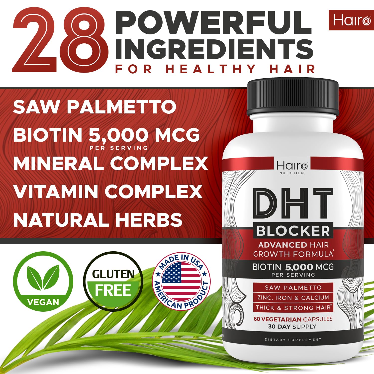 Hairo Nutrition DHT Blocker Hair Growth Supplement, 1600mg, 60-count