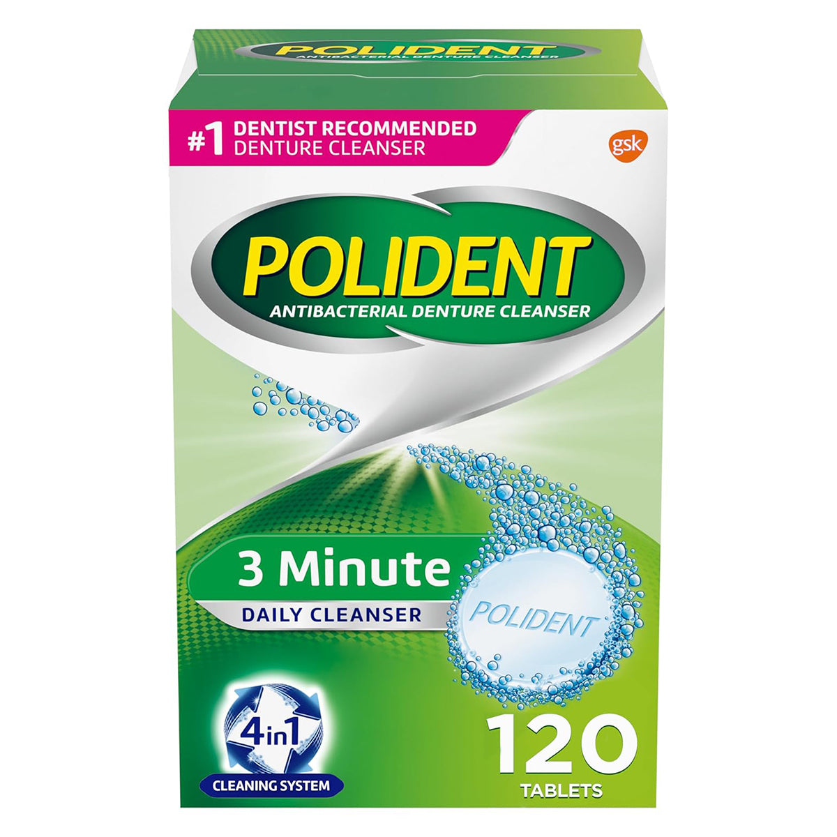 Polident Antibacterial Denture Cleanser, 3 Minute Daily Cleanser, 120 tablets